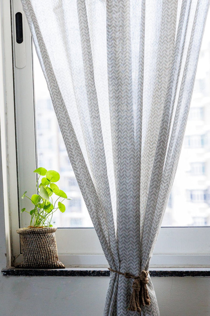 Grey chevron sheer curtain - Modern sheer curtains - Rod pocket - back view