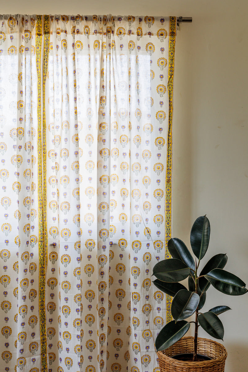 Yellow daisies curtains - Yellow and purple sheer mulmul curtains