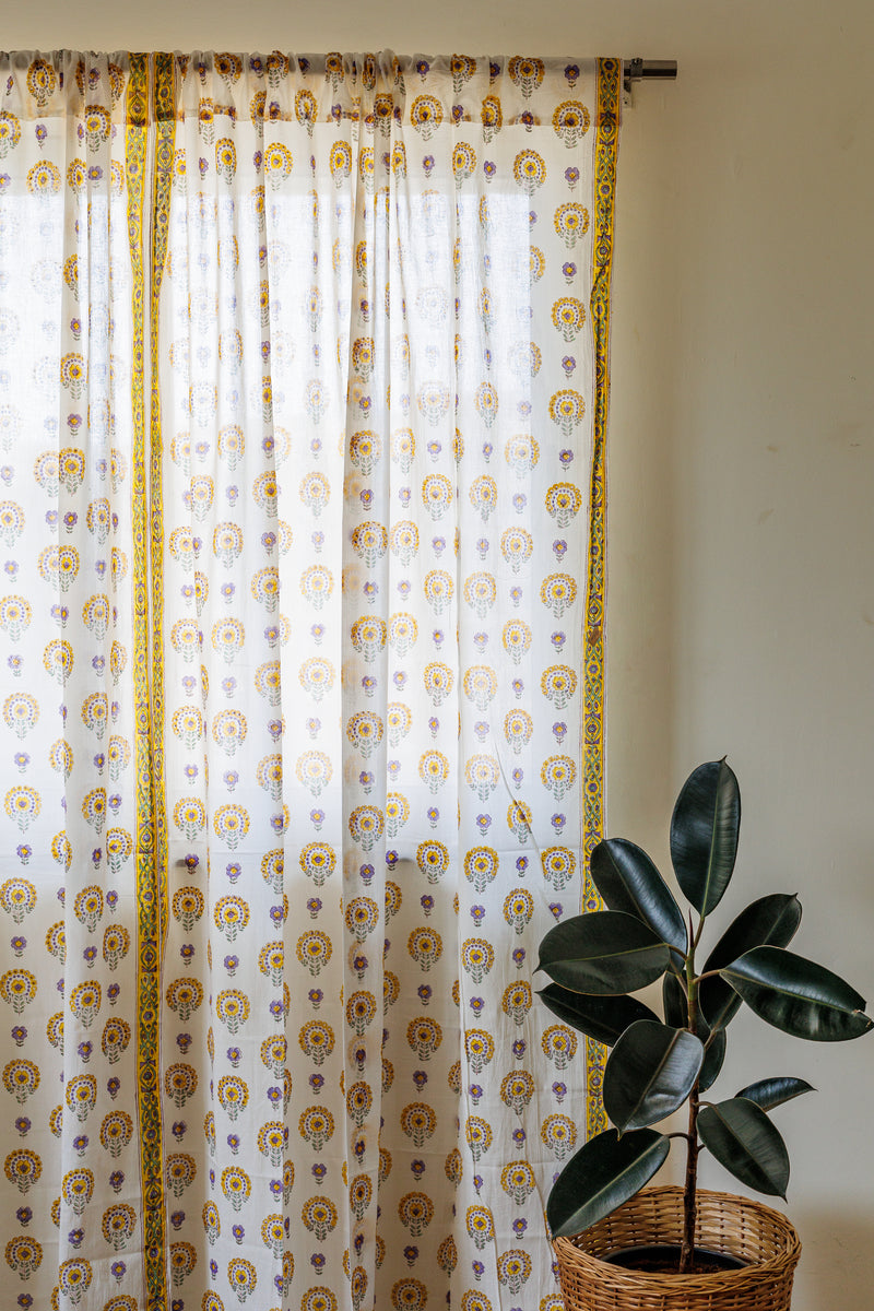 Yellow daisies curtains - Yellow and purple sheer mulmul curtains