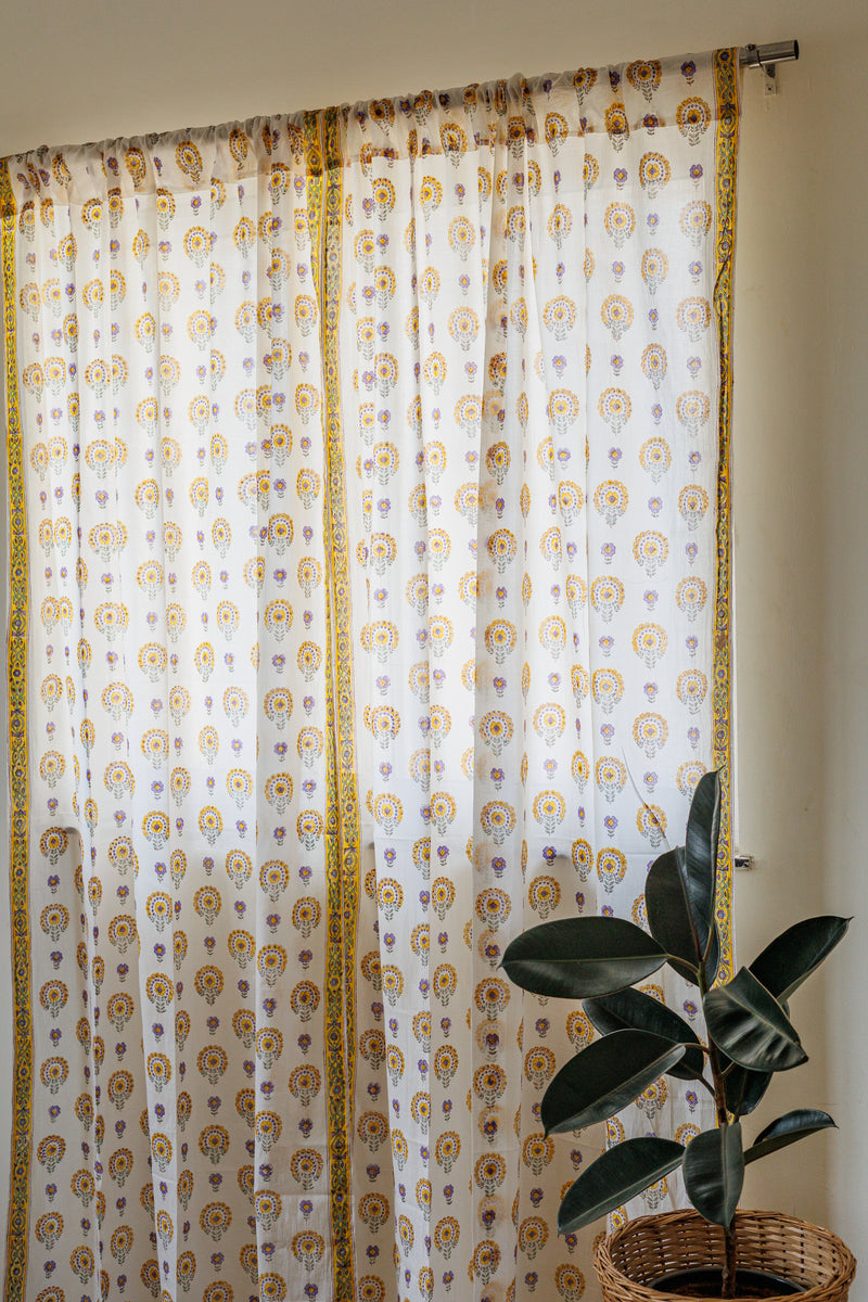 Yellow daisies curtains - Yellow and purple sheer mulmul curtains