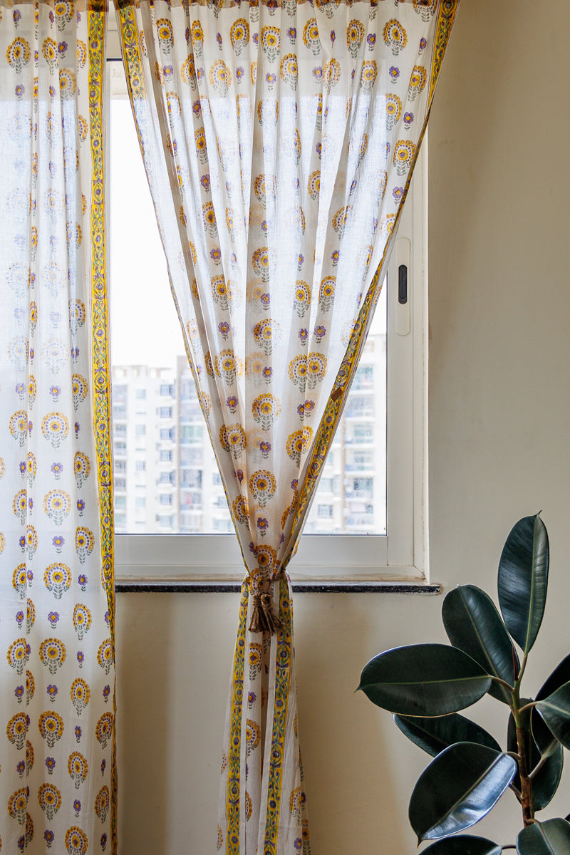 Yellow daisies curtains - Yellow and purple sheer mulmul curtains