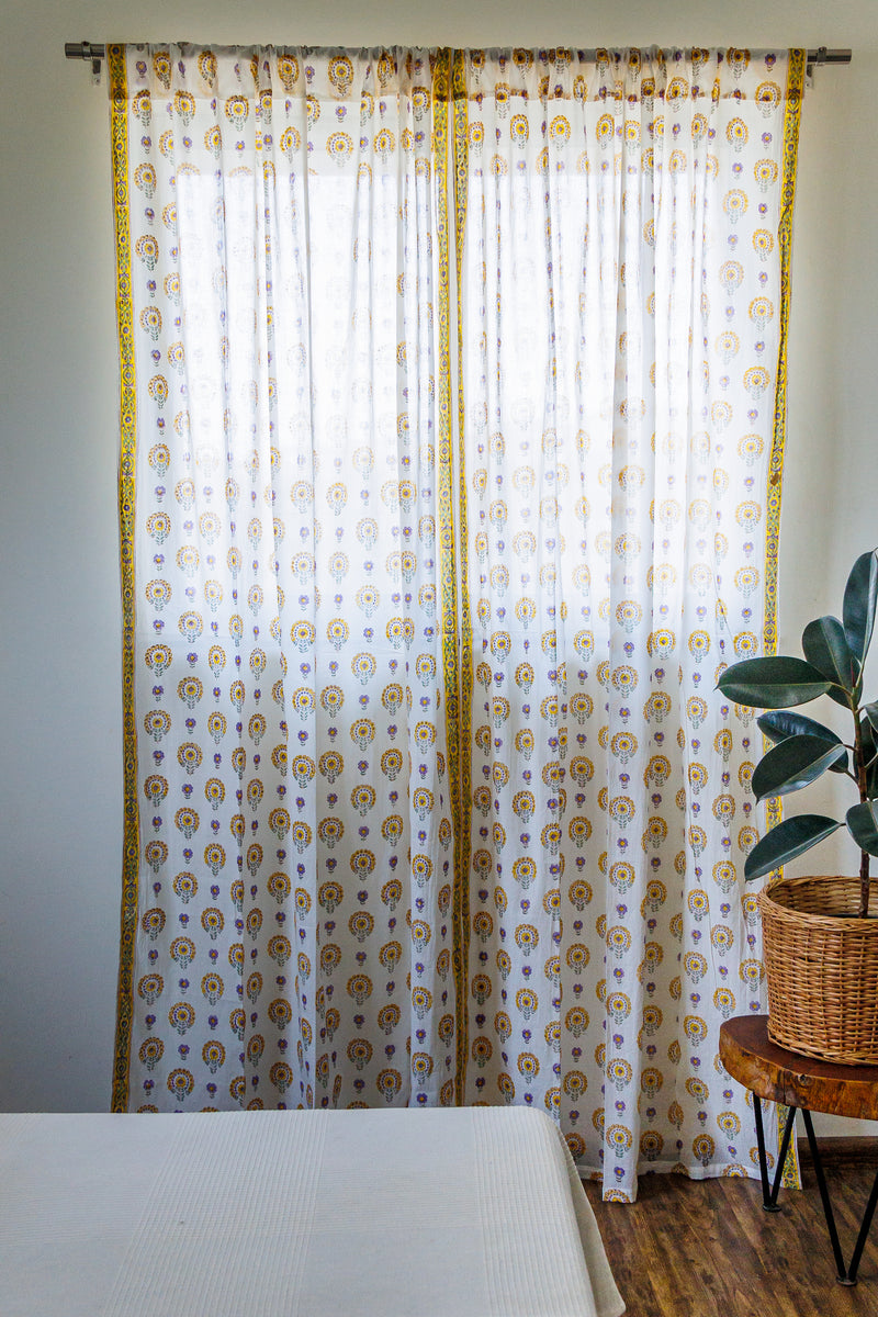 Yellow daisies curtains - Yellow and purple sheer mulmul curtains