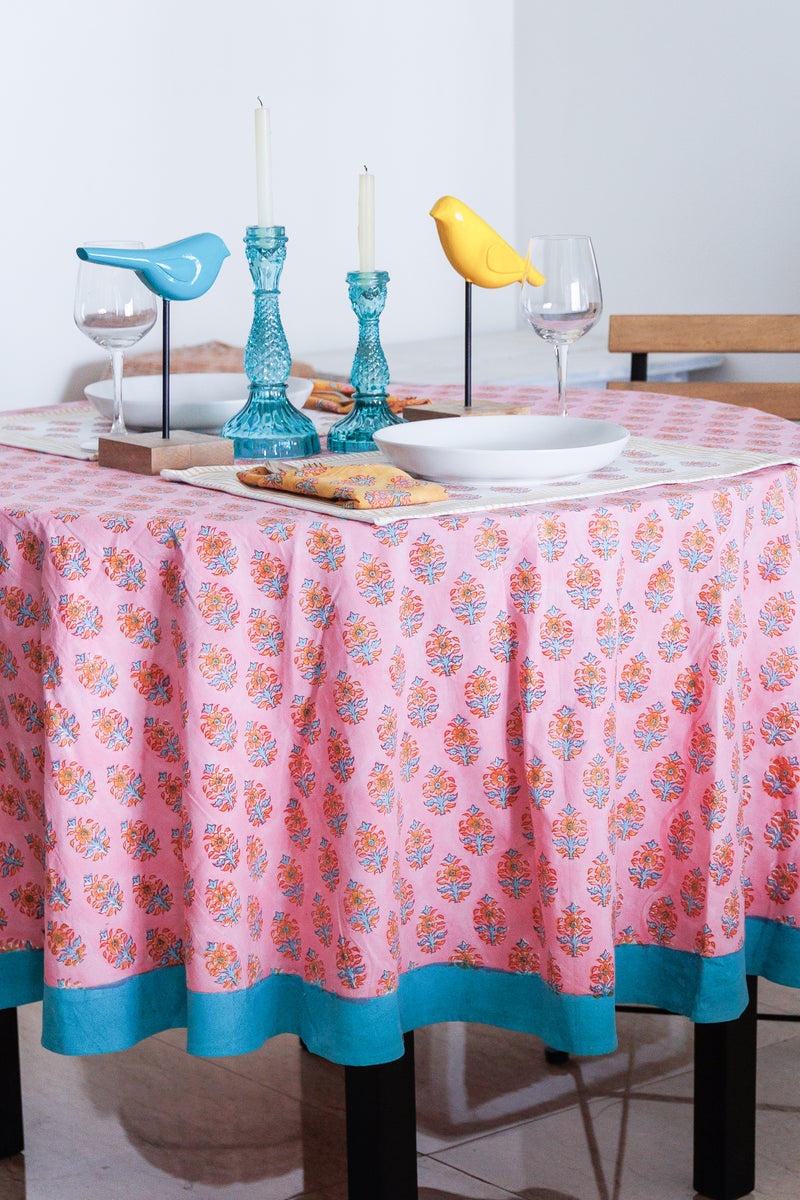 Pink Round tablecloth - 8 seater block print table cloth - Pink Round table cover - 90 inches diameter