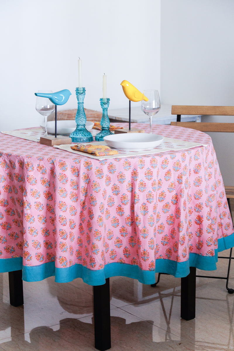 Pink Round tablecloth - 6 & 8 seater block print table cloth - Pink Round table cover - 72 inches & 90 inches diameter