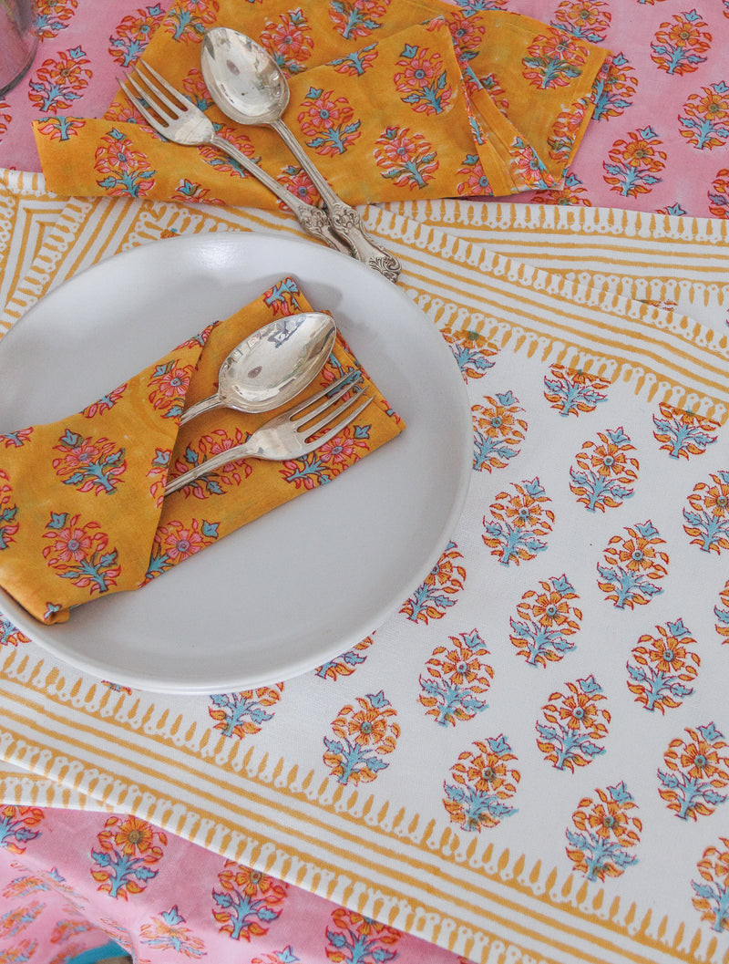 Yellow floral placemats - Block print placemats - Table mats set of 6 - 13x19 inches