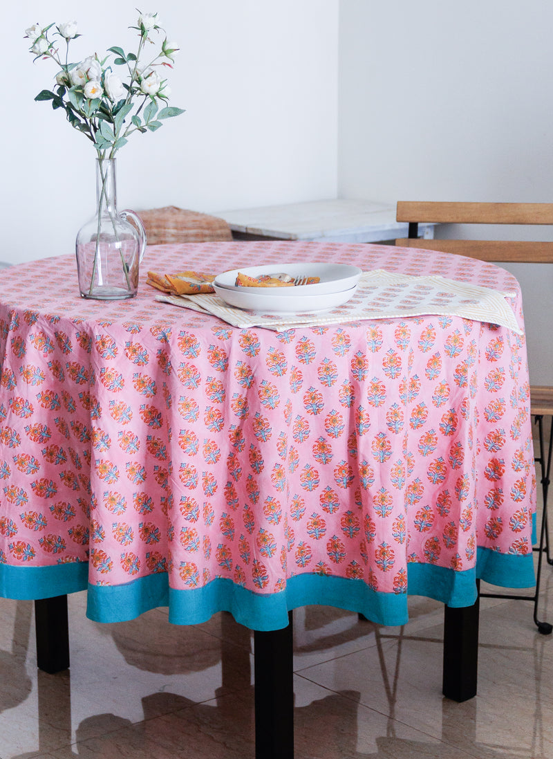 Pink Round tablecloth - 6 & 8 seater block print table cloth - Pink Round table cover - 72 inches & 90 inches diameter