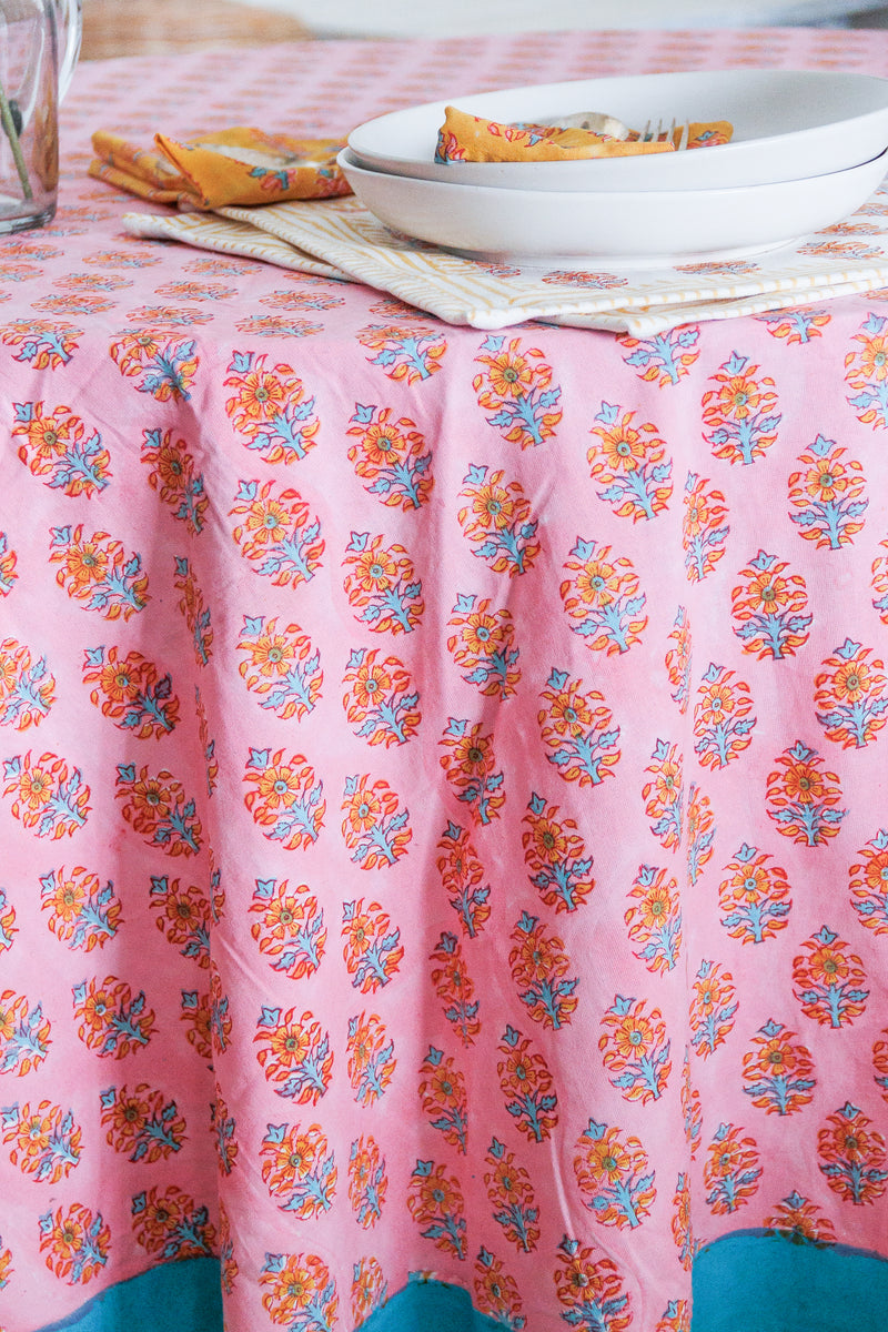 Pink Round tablecloth - 6 & 8 seater block print table cloth - Pink Round table cover - 72 inches & 90 inches diameter