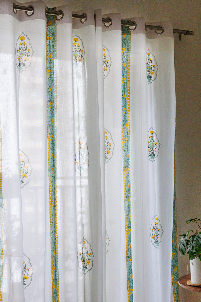 Fragrance Garden sheer curtains - Yellow and turquoise mul curtains - Sheer eyelet curtains - Sold individually