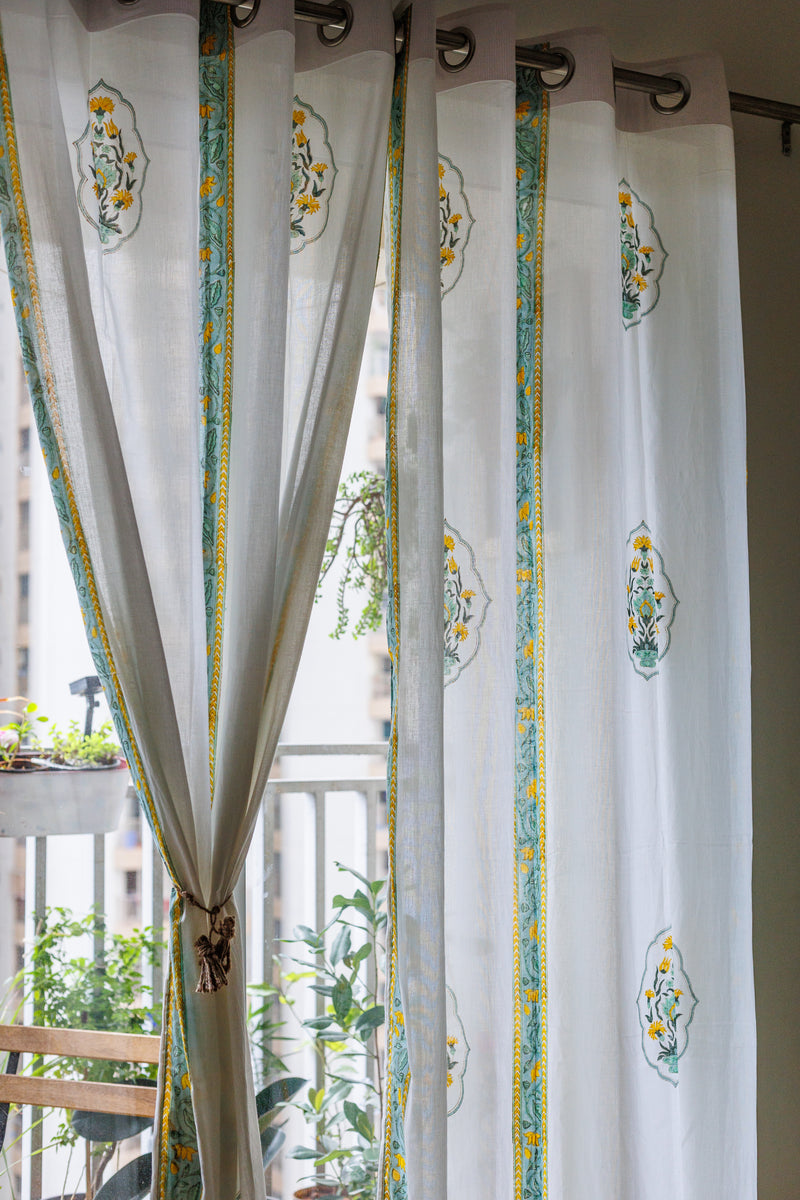 Fragrance Garden sheer curtains - Yellow and turquoise mul curtains - Sheer eyelet curtains - Sold individually