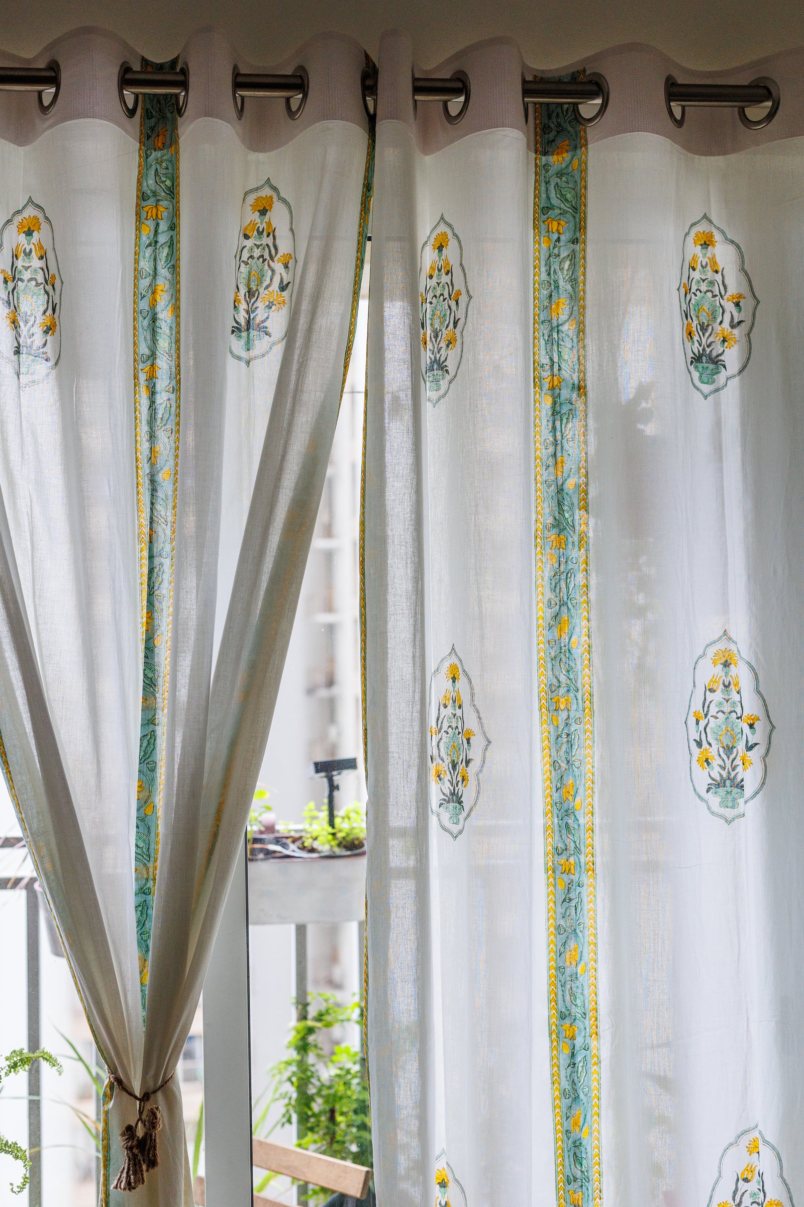 Sale - Fragrance Garden sheer curtains - Yellow and turquoise mul curtains - Sheer eyelet curtains - Sold individually - Curtains by Kari by Kriti