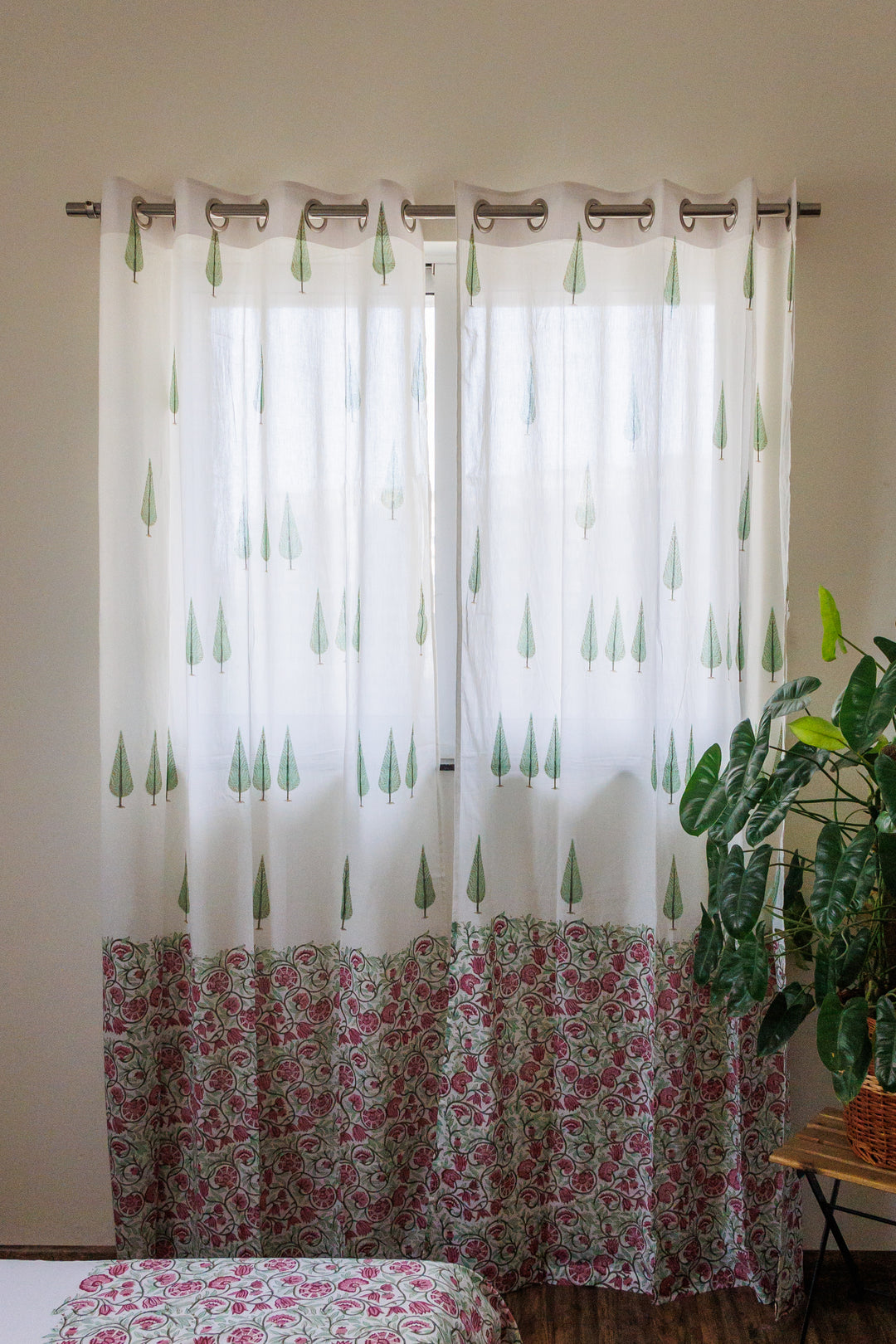 Sale - Enchanted Forest sheer curtains - Green and pink mul curtains - Sheer eyelet curtains - Sold individually