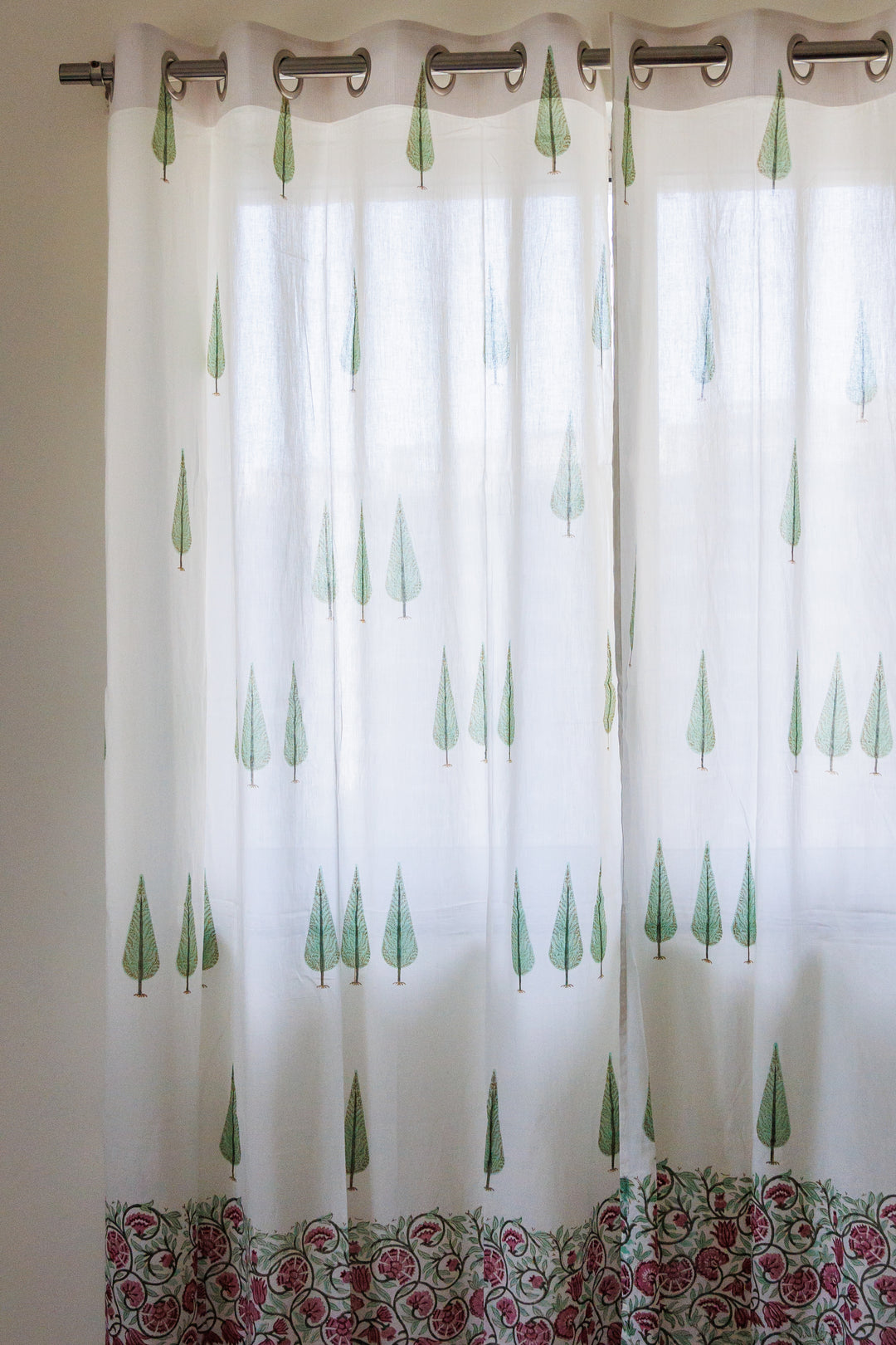 Sale - Enchanted Forest sheer curtains - Green and pink mul curtains - Sheer eyelet curtains - Sold individually