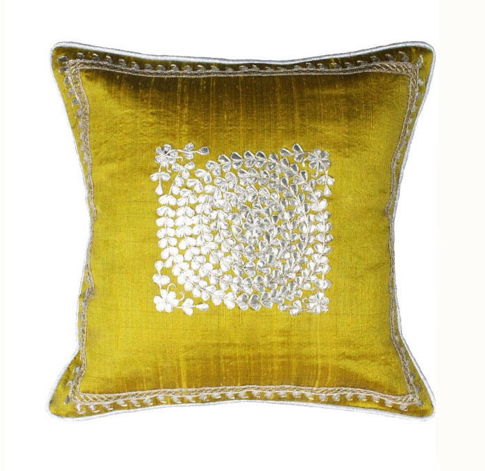 Pure silk gota Patti with zardozi work cushion cover - Mustard Yellow - 12x12 inches