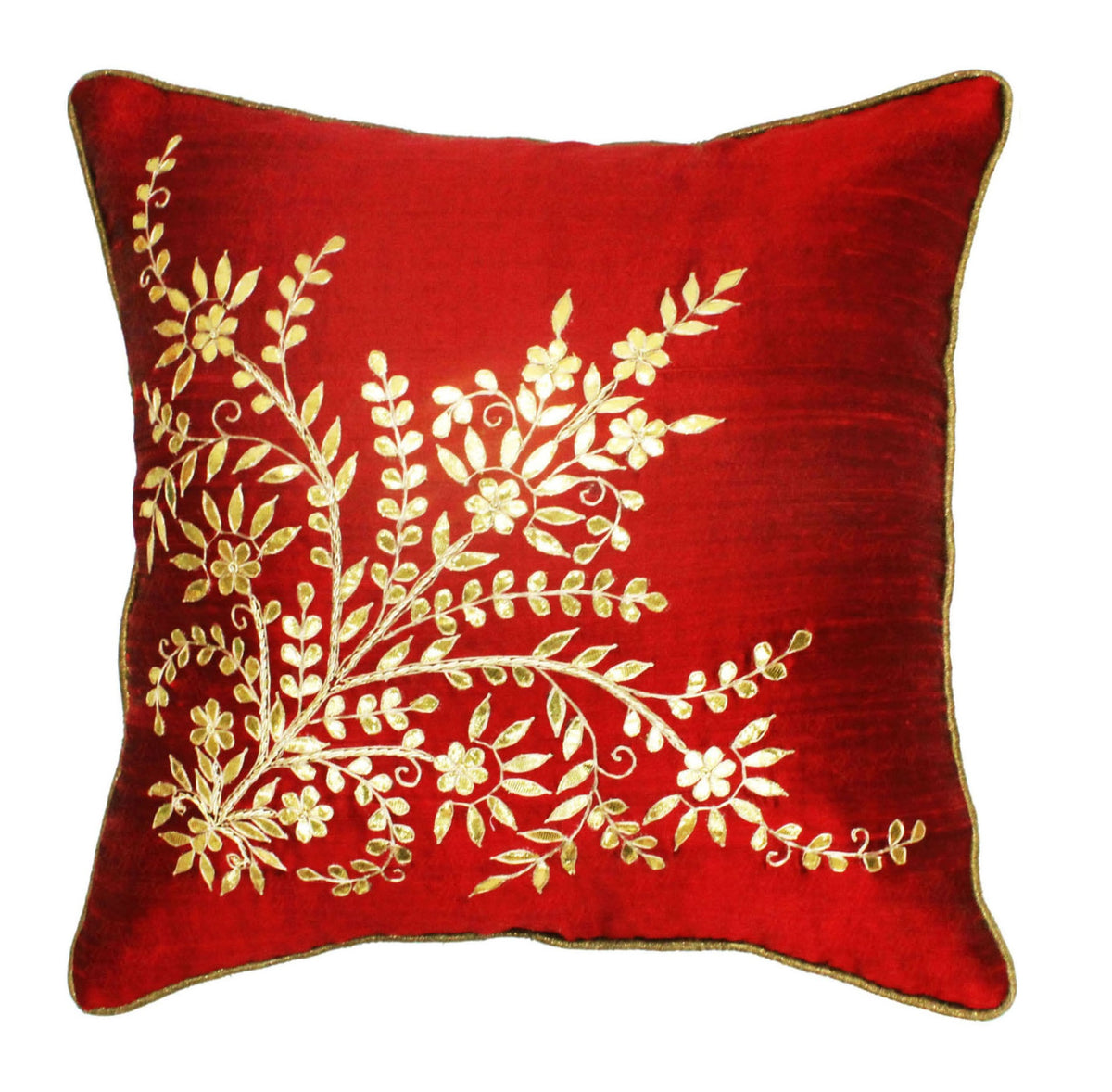 Gota Patti cushion cover - Red - Large floral corner boota cushion cover - 16x16 inches - Dupioni silk - Decorative Cushions by Kari by Kriti