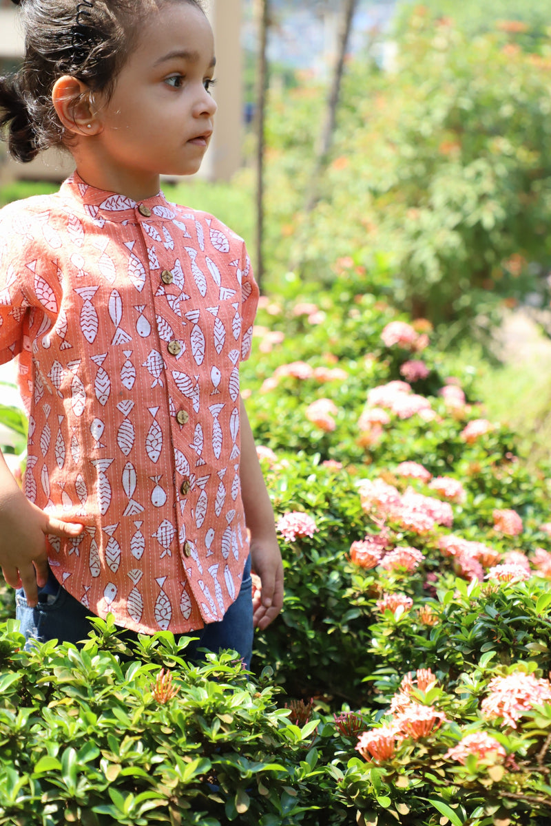 Cotton Shirt - Peach Kantha Print - Boys shirt