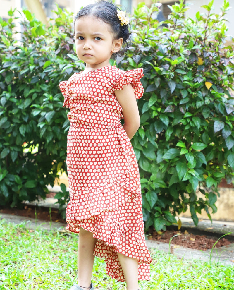 Long Ruffle Cotton Dress - Handblock Rust Polka Dot print