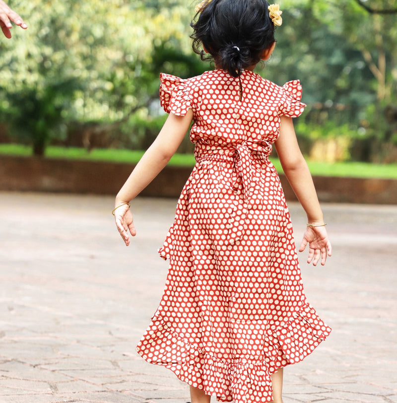 Long Ruffle Cotton Dress - Handblock Rust Polka Dot print