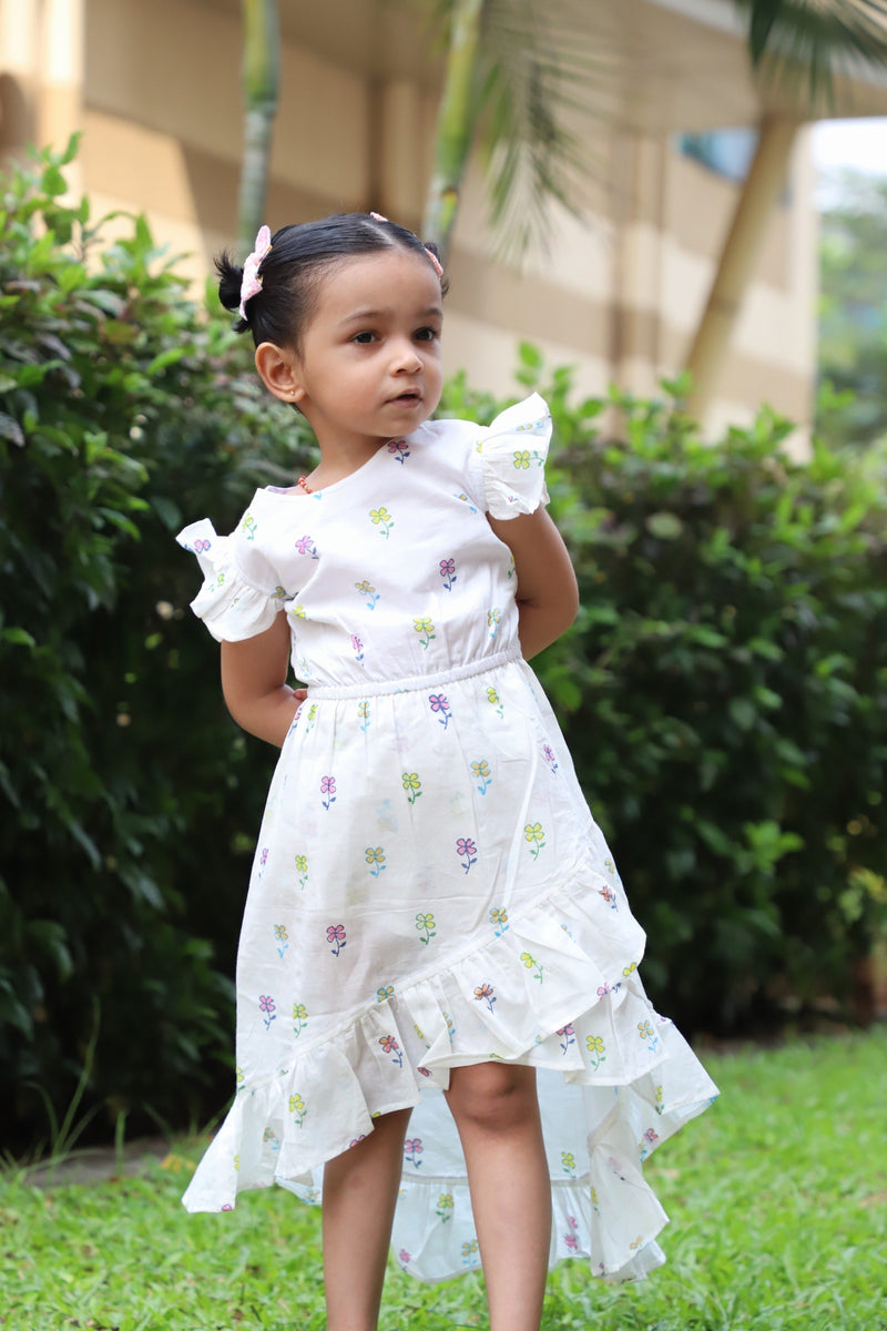 Long Ruffle Cotton Dress - Handblock White Floral print