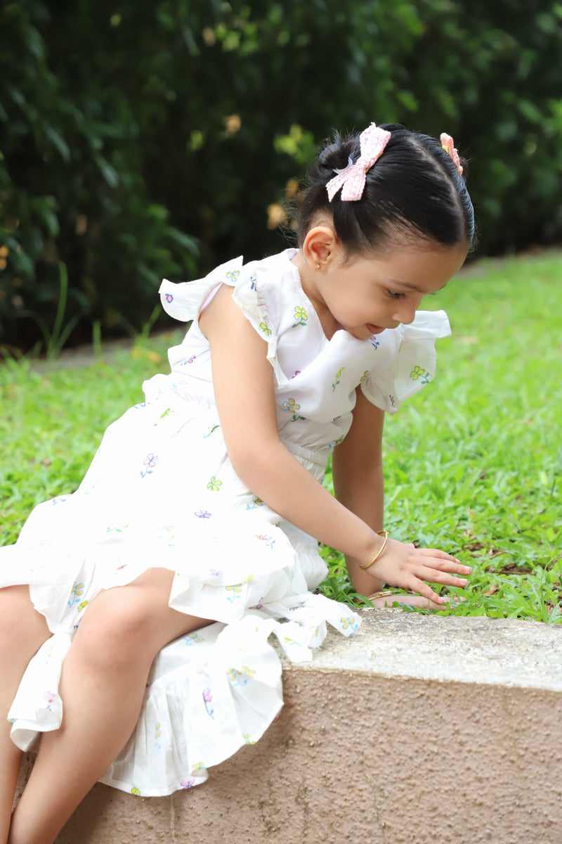 Long Ruffle Cotton Dress - Handblock White Floral print