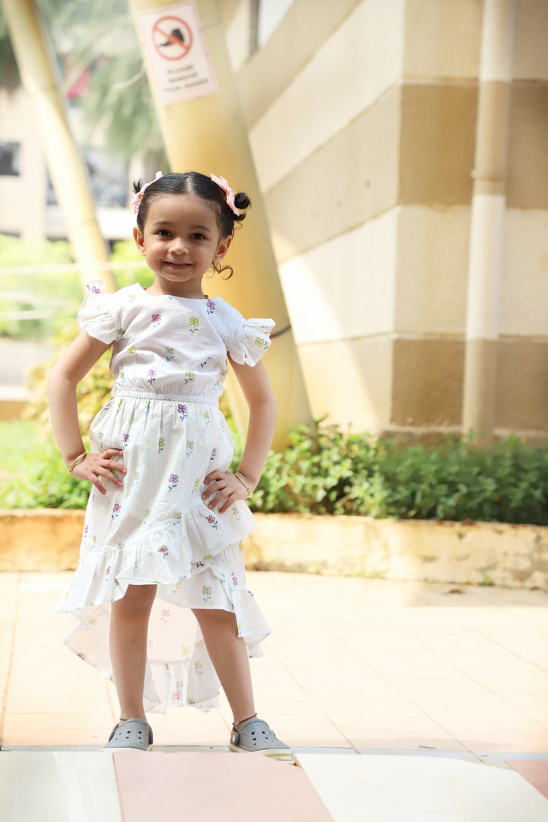 Long Ruffle Cotton Dress - Handblock White Floral print
