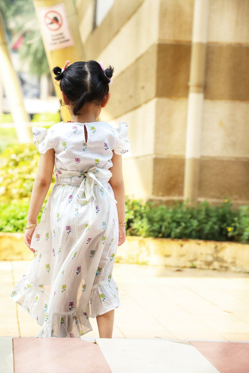Long Ruffle Cotton Dress - Handblock White Floral print