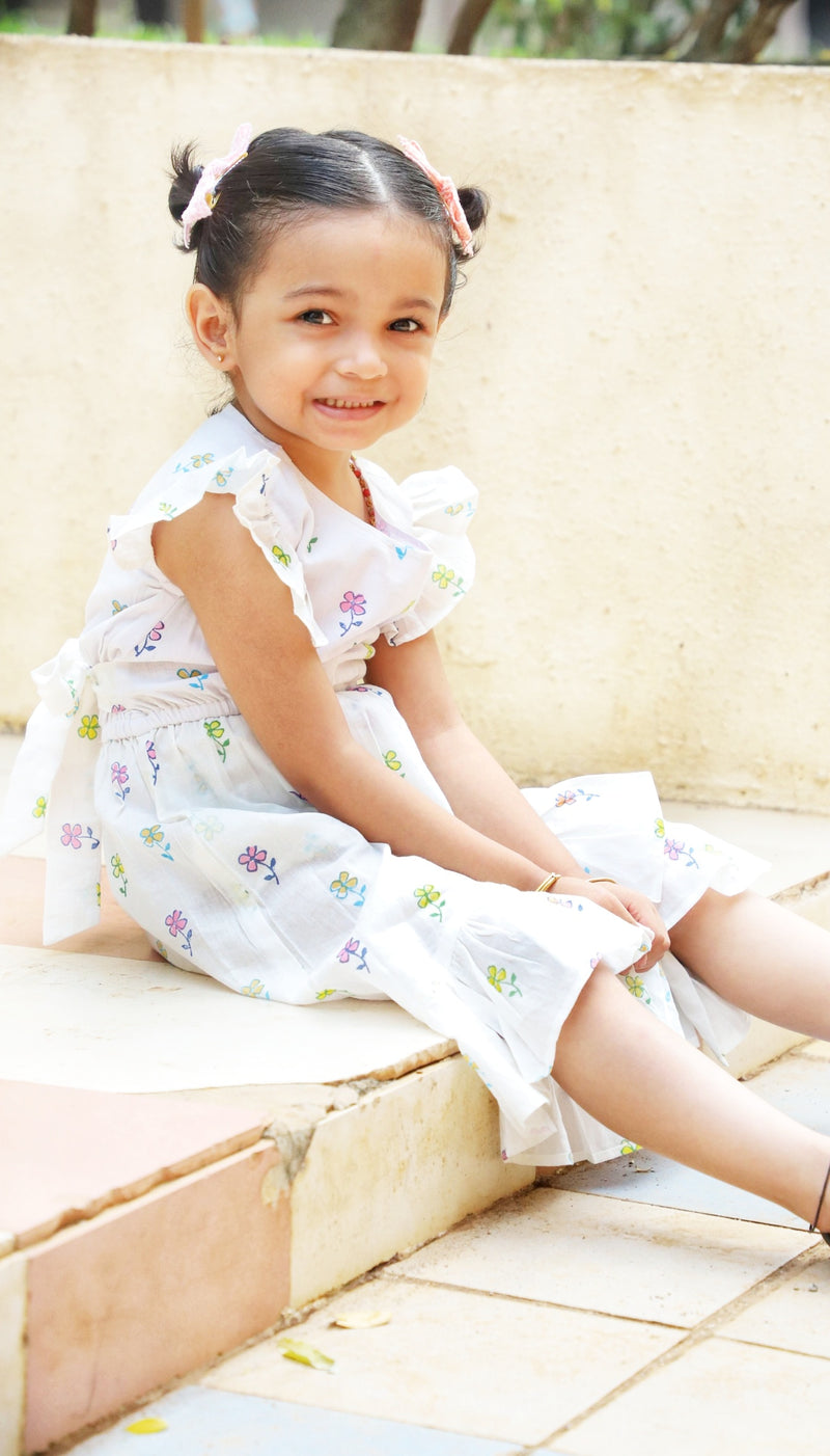 Long Ruffle Cotton Dress - Handblock White Floral print
