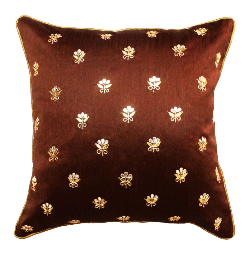 Gota Patti cushion cover - Brown - Small all over booti cushion cover - 16x16 inches - Dupioni silk