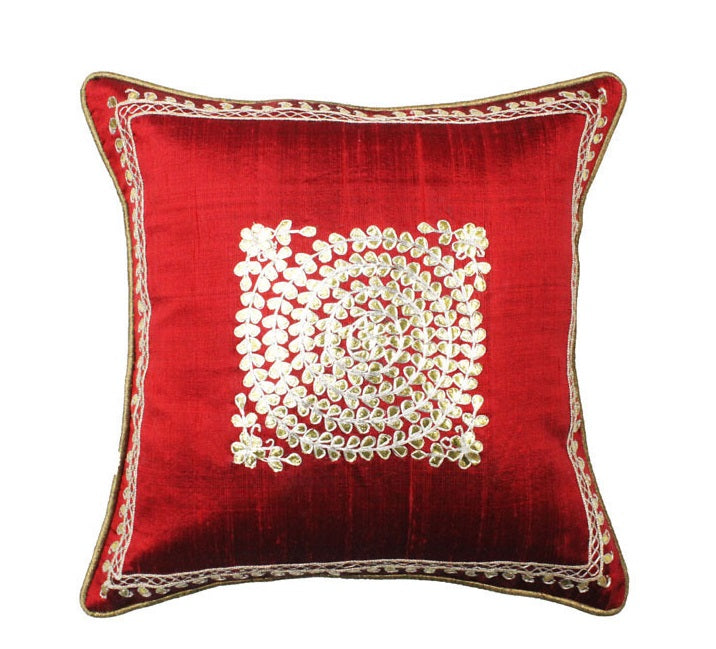 Pure silk gota Patti with zardozi work cushion cover - Red - 12x12 inches