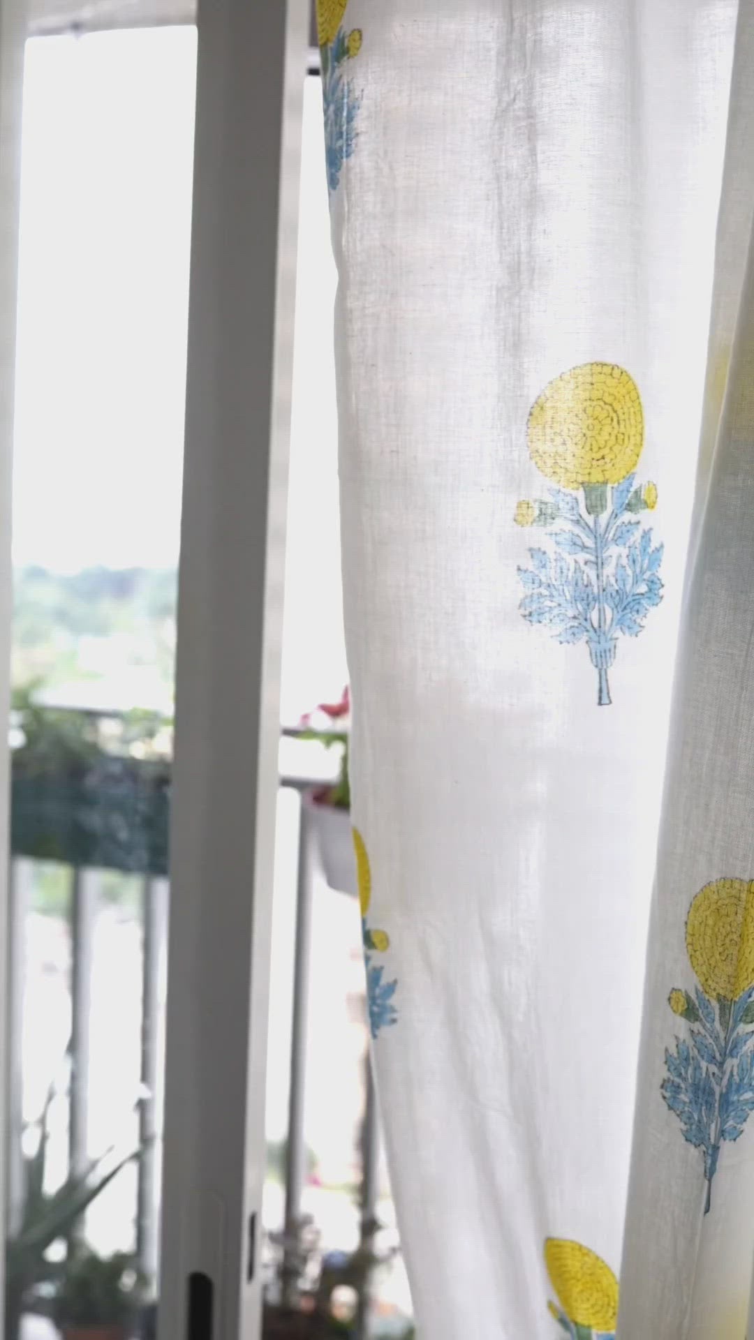 Yellow marigold block print sheer curtain in mulmul cotton
