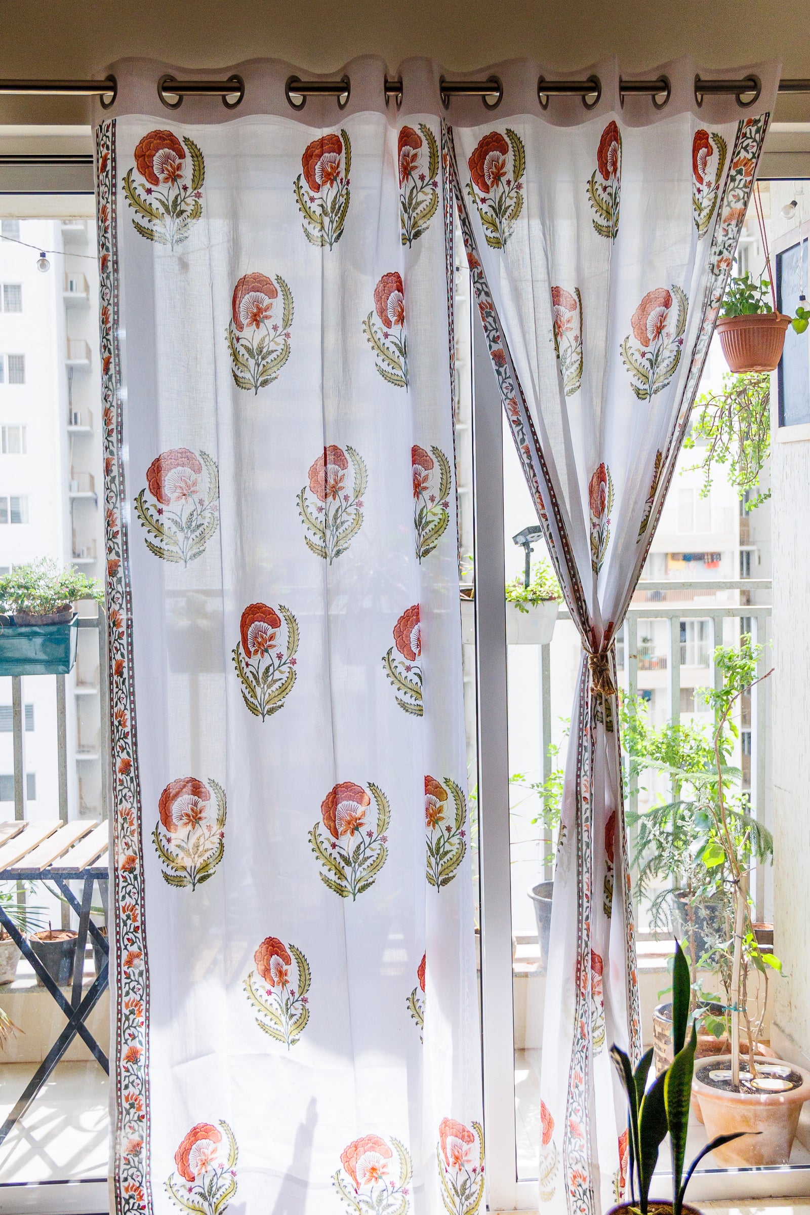 Sale - Silk Road sheer curtains - Rust and green mul curtains - Sheer eyelet curtains - Sold individually - Curtains by Kari by Kriti