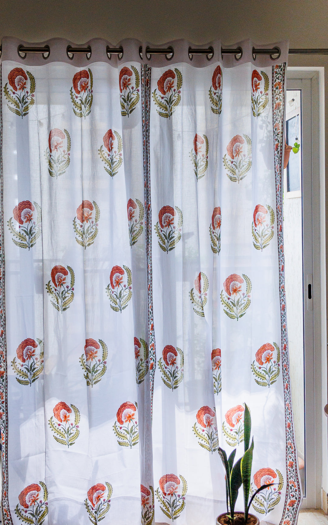 Sale - Silk Road sheer curtains - Rust and green mul curtains - Sheer eyelet curtains - Sold individually