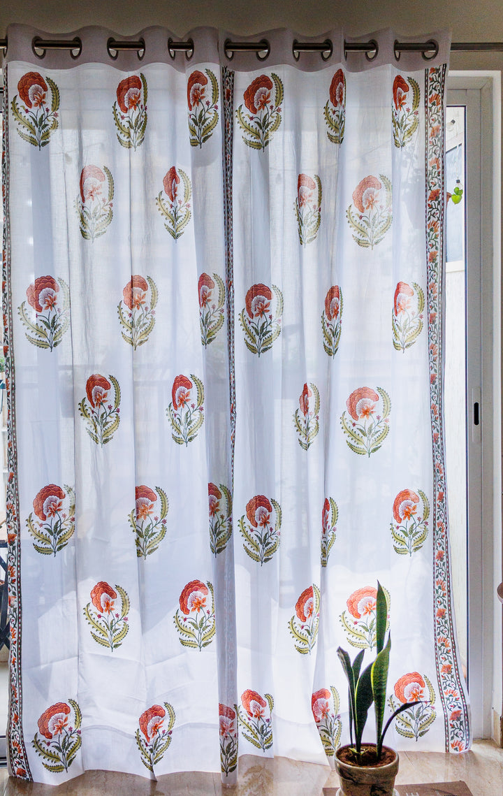Sale - Silk Road sheer curtains - Rust and green mul curtains - Sheer eyelet curtains - Sold individually