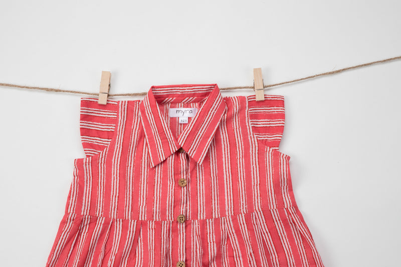 Red Striped Cotton - A Line Frock with Pockets