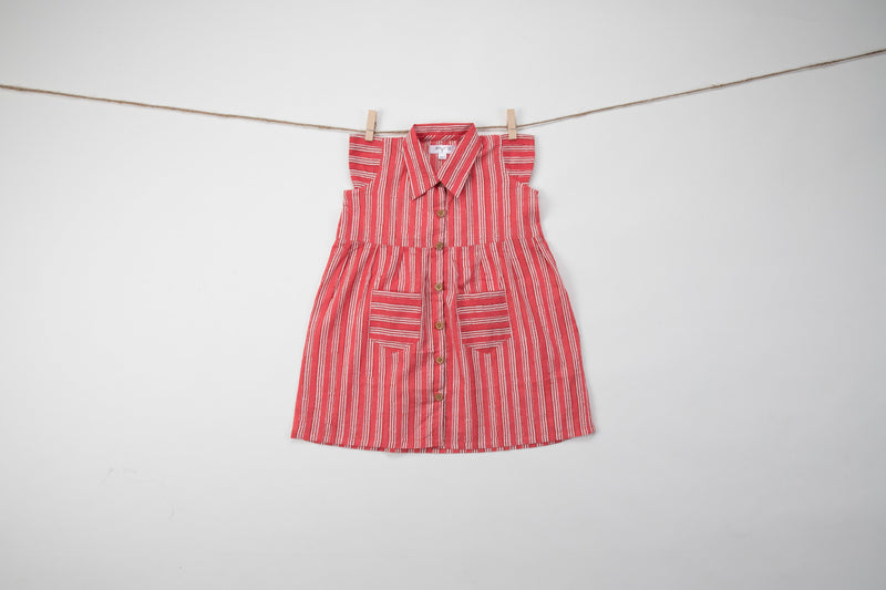 Red Striped Cotton - A Line Frock with Pockets