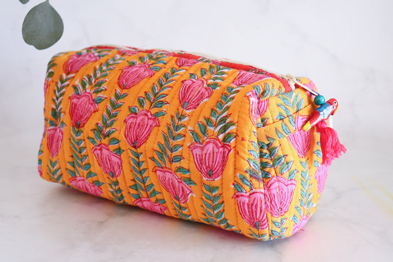Set of 2 Cosmetic bags - Makeup bags - Block print fabric travel pouch-  Pink and yellow travel bag set