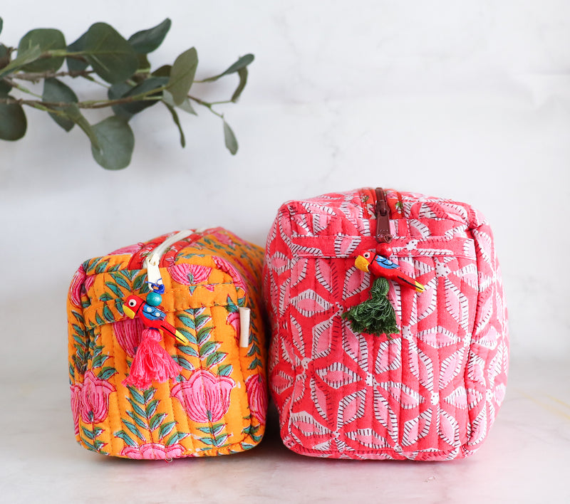 Set of 2 Cosmetic bags - Makeup bags - Block print fabric travel pouch-  Pink and yellow travel bag set