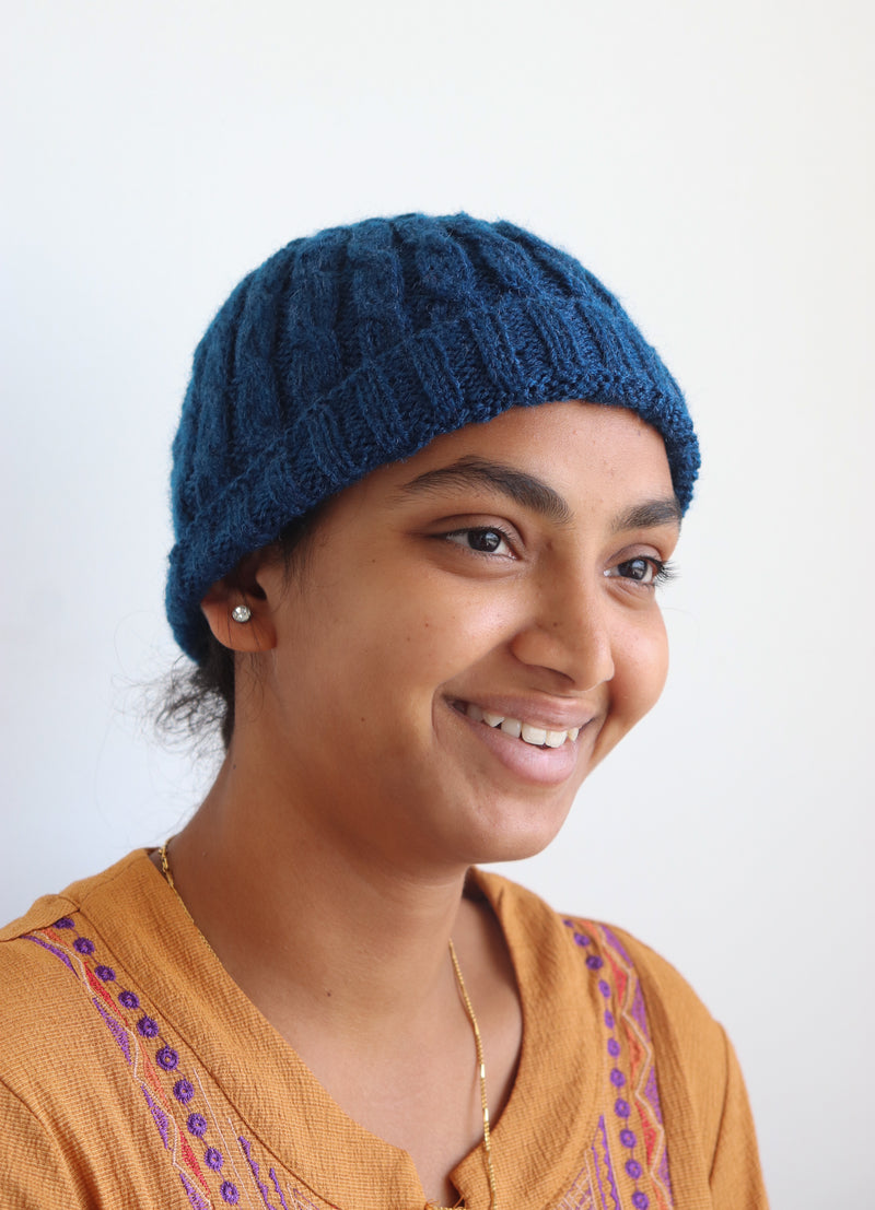 Woolen caps for winters - hand knitted wool cap - Dark blue small cable