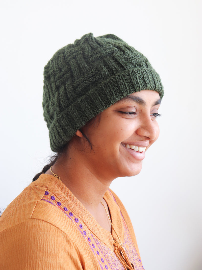 Woolen caps for winters - hand knitted wool cap - Green checks