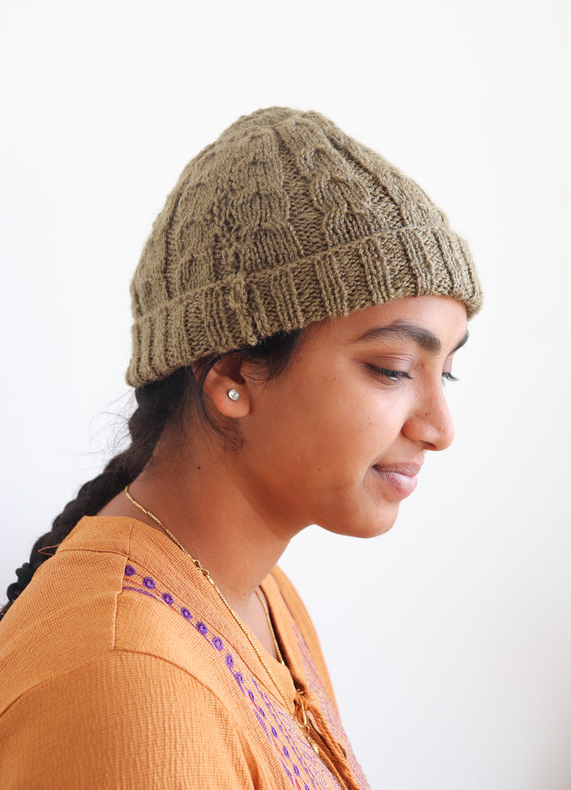 Woolen caps for winters - hand knitted wool cap - Light brown cable knit