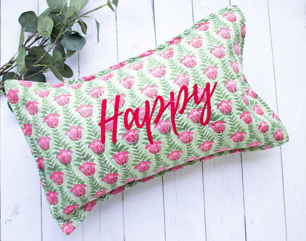 Happy embroidered block print word pillow lumbar cover, 12x20 inches, by Kari by Kriti
