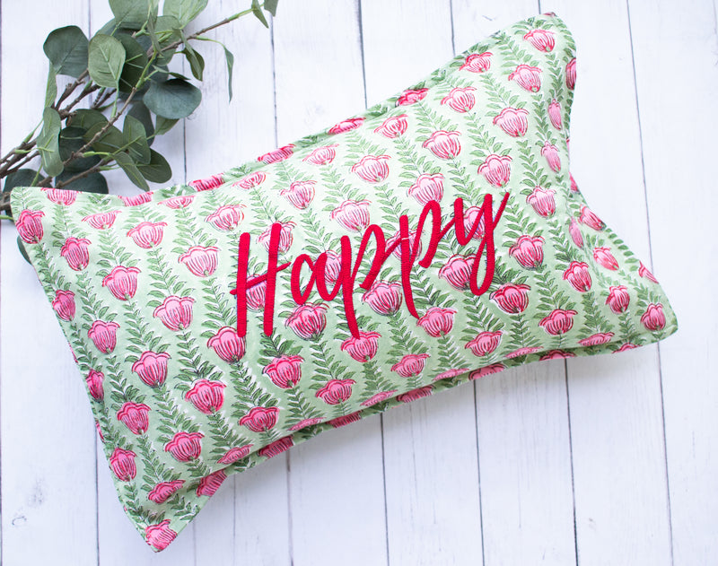 Lumbar cushion cover - Happy Word Pillow cover - Embroidery on Block print fabric - 12x20