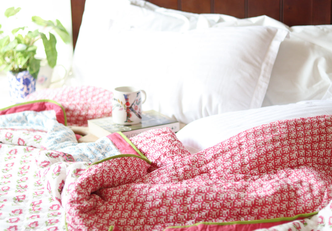 Pre - order - Heavy Razai - Boho Pink quilt - Pink and turquoise winter quilt - Queen &amp; King size - lifestyle shot