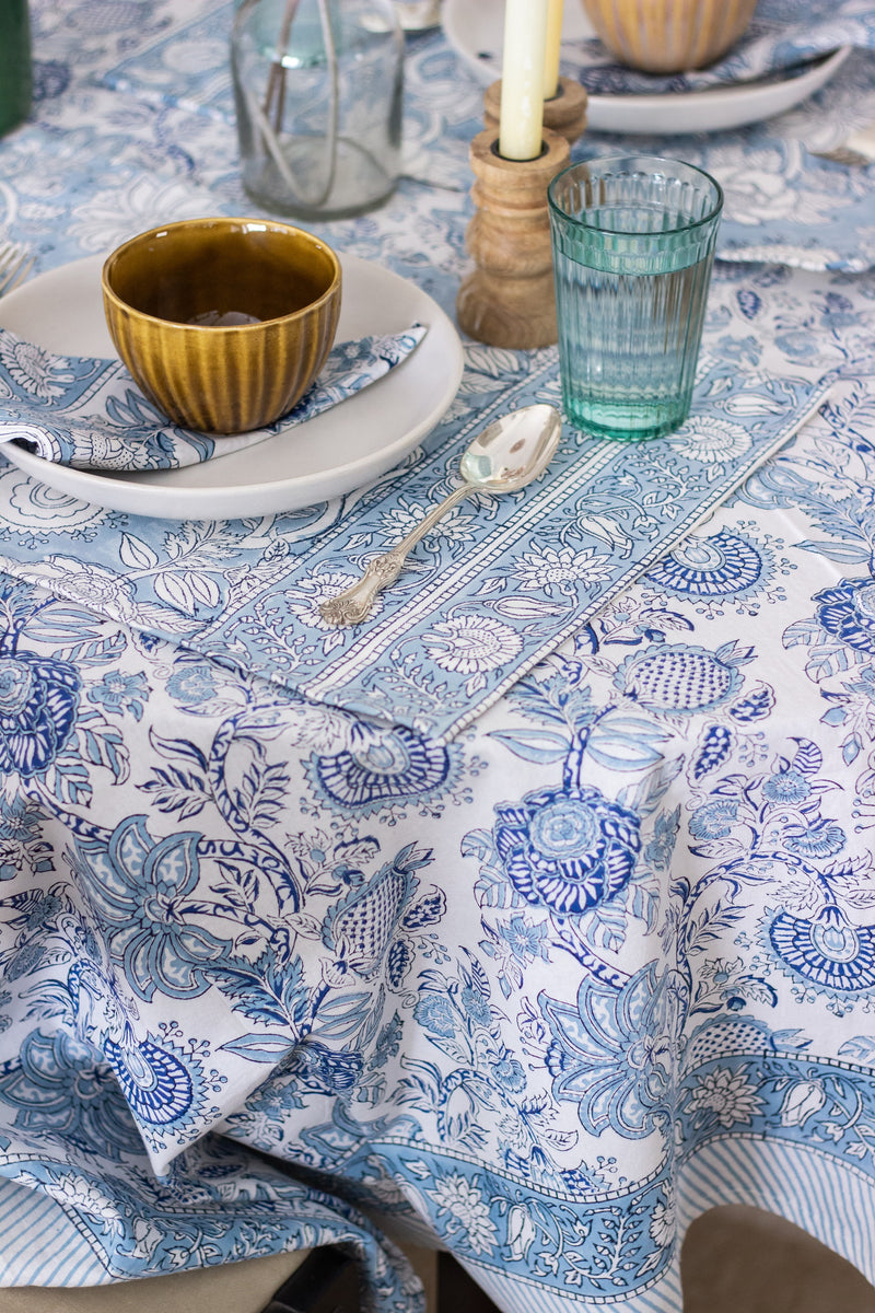 Light blue Round tablecloth - 6 seater block print table cloth - Norway Round table cover - 72 inches diameter