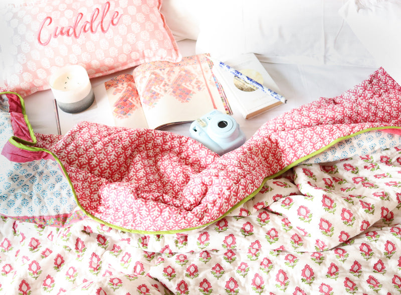 Pre - order - Heavy Razai - Boho Pink quilt - Pink and turquoise winter quilt - Queen & King size