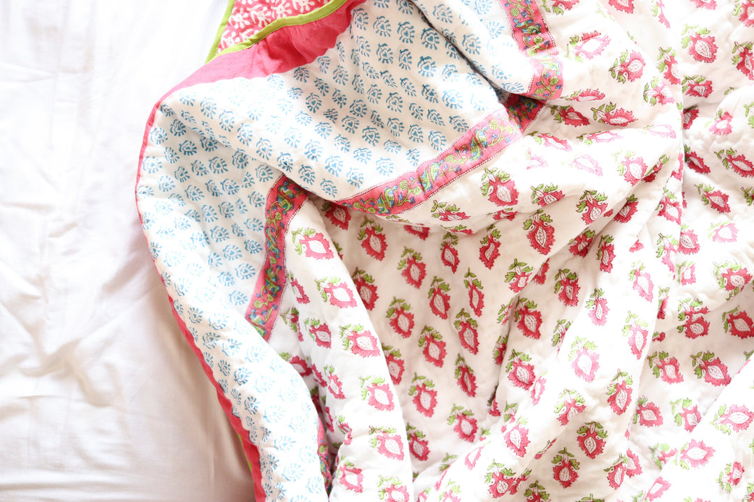 Pre - order - Heavy Razai - Boho Pink quilt - Pink and turquoise winter quilt - Queen &amp; King size - in use