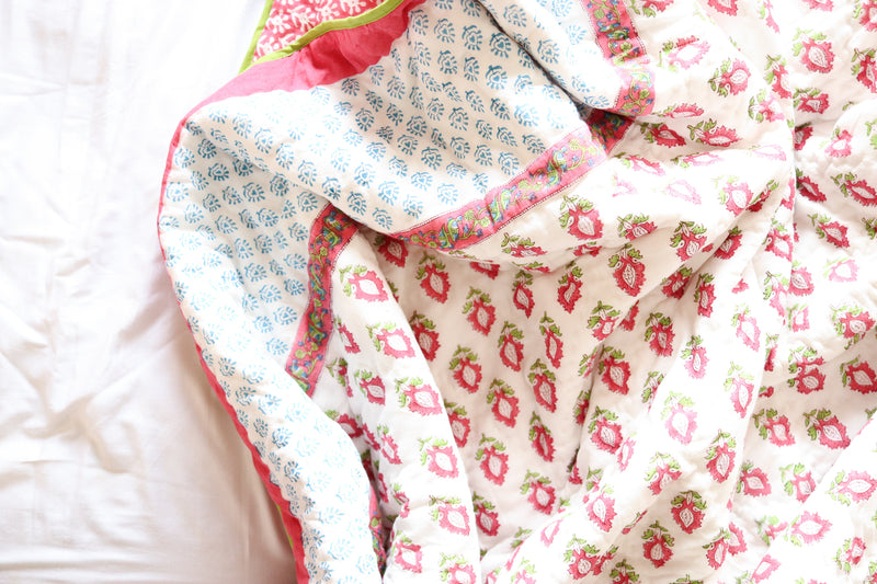 Pre - order - Heavy Razai - Boho Pink quilt - Pink and turquoise winter quilt - Queen & King size