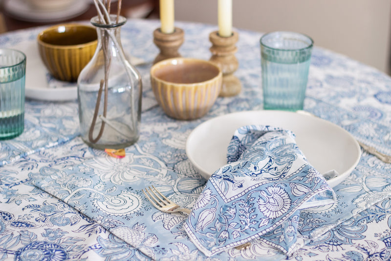 Light Blue floral placemats - Block print placemats - Table mats set of 6 - 13x19 inches