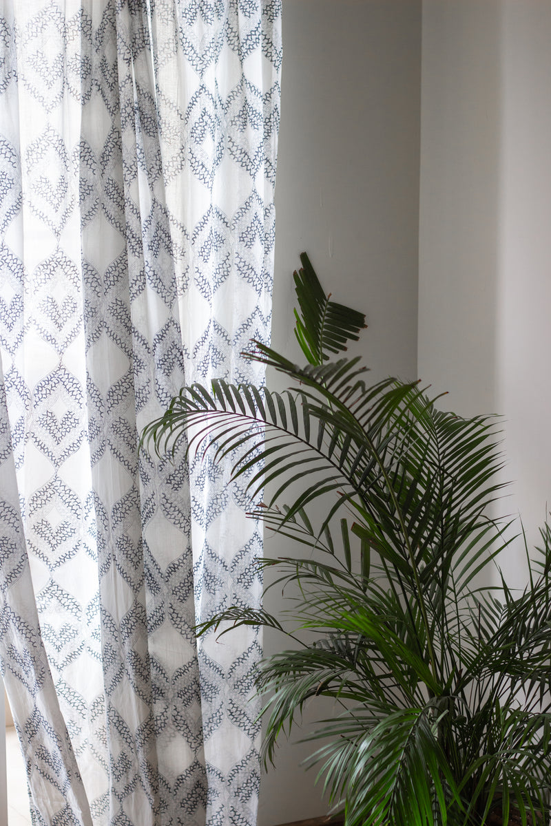 Geometric blue curtains - sheer curtains - Sold individually