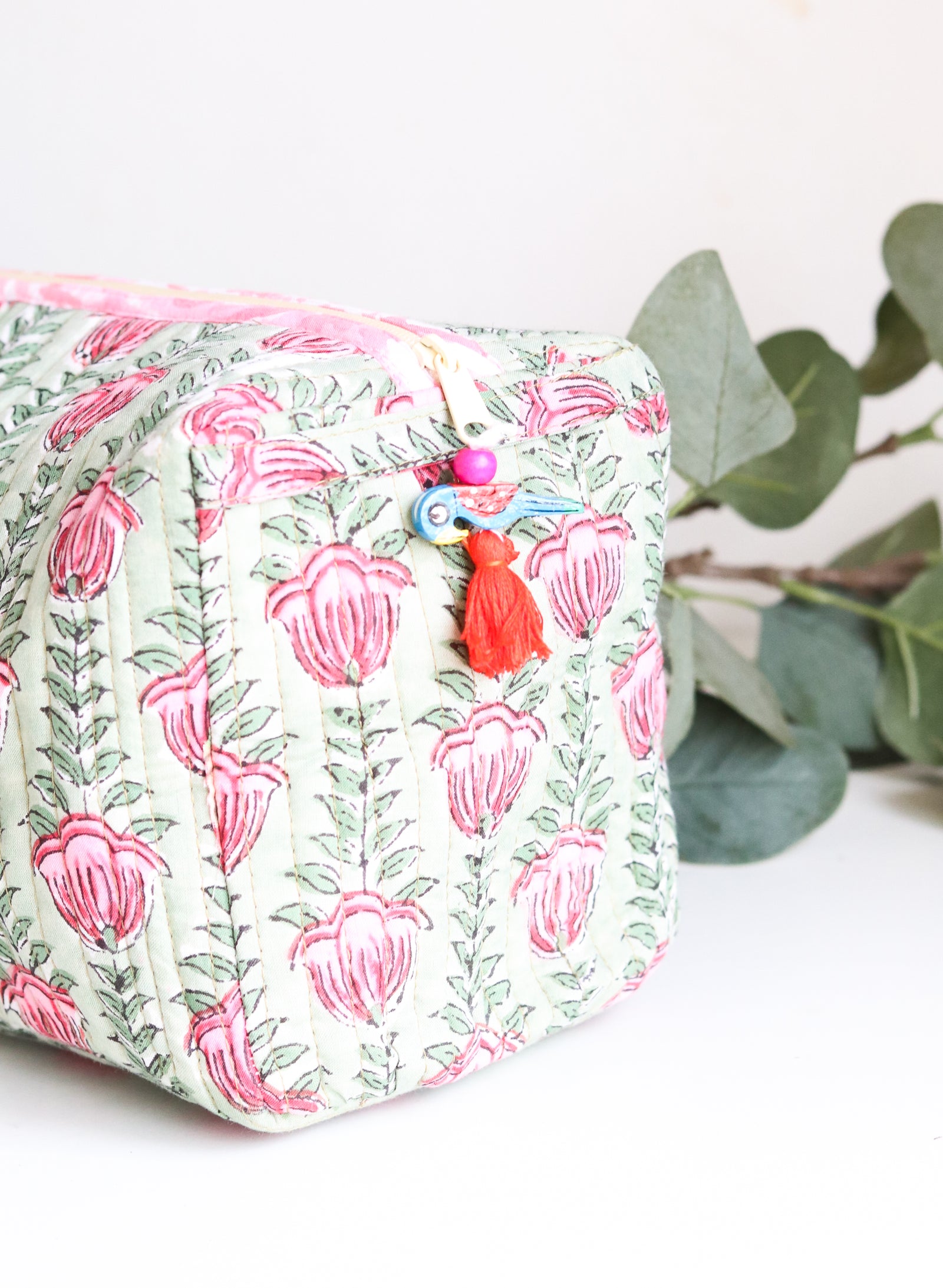 Green floral block print large cosmetic bag, handmade travel makeup pouch by Kari by Kriti
