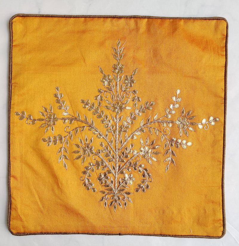 Gota Patti cushion cover - orange- Large floral boota cushion cover - 16x16 inches